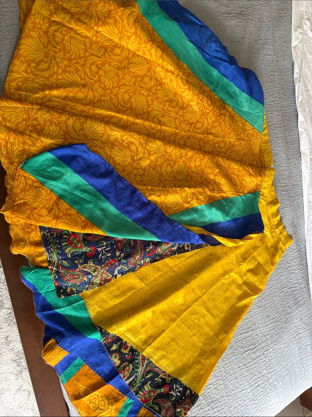Wrap around  Yellow Paisley A-Line Skirt with Blue & Green Trim